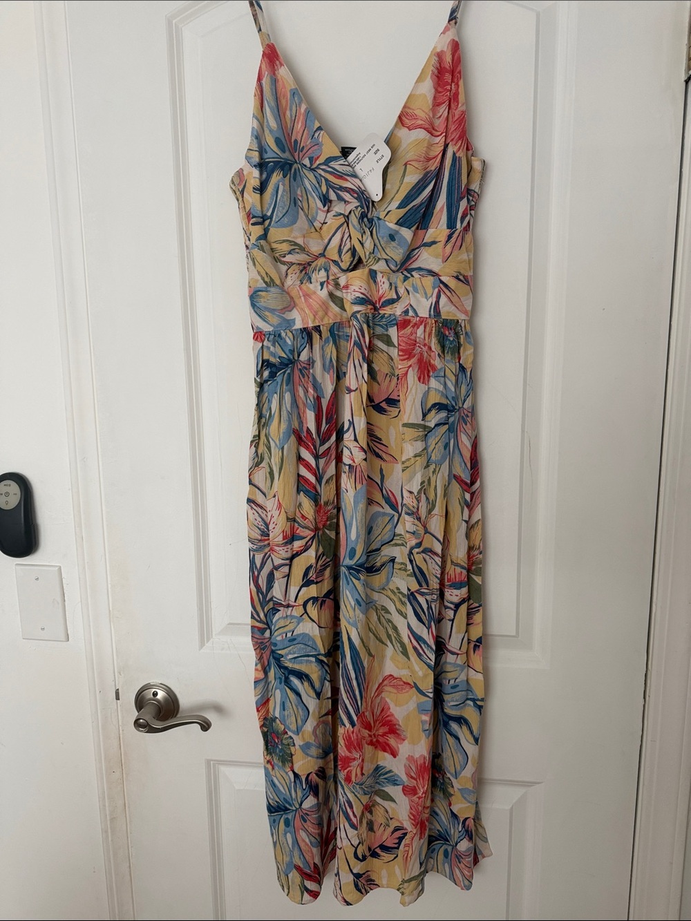 Angie Floral Midi Dress in Beige with Blue & Pink Leaves
